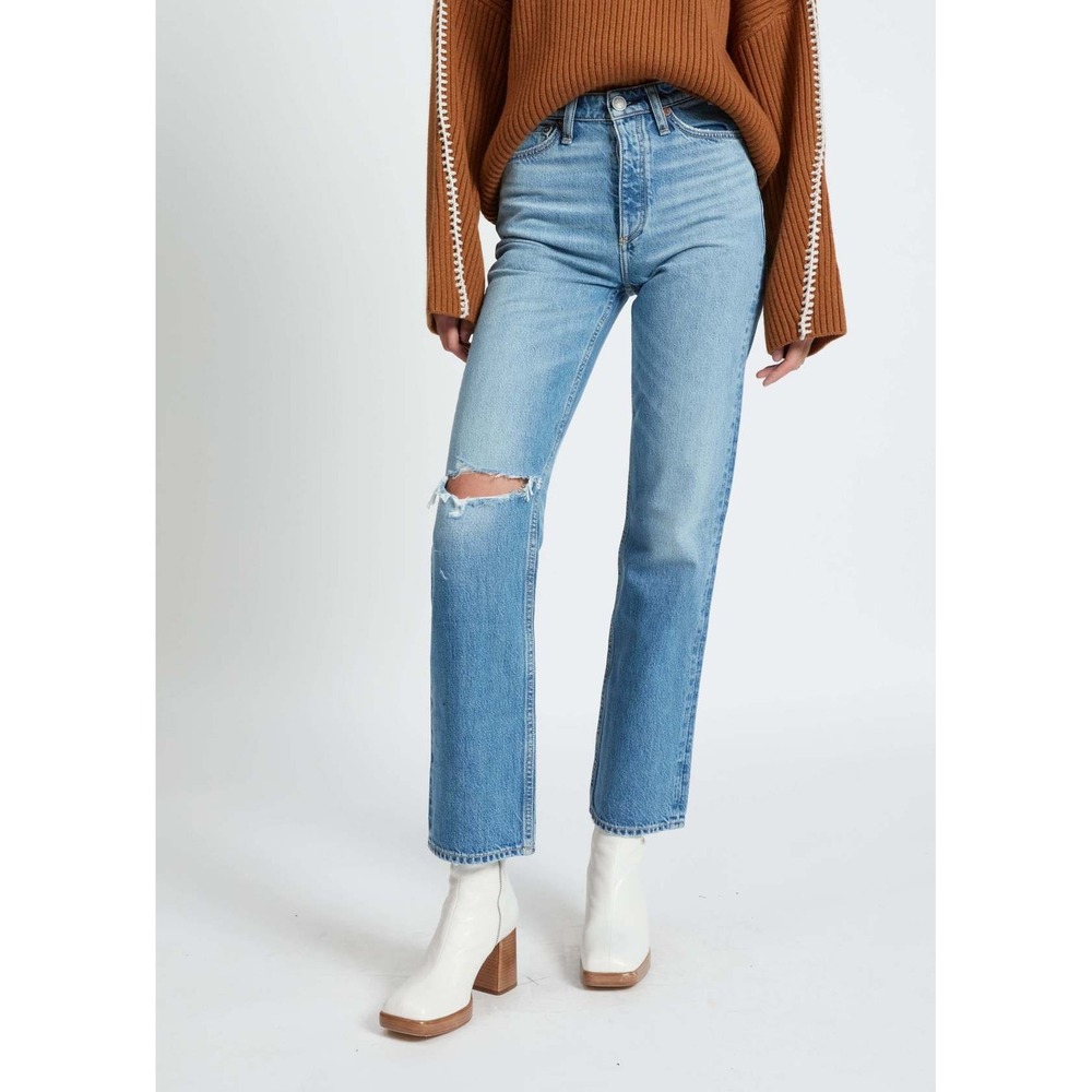 Rag & Bone Alex High Rise Straight Jeans Delavan with Holes Size 27 Button Fly